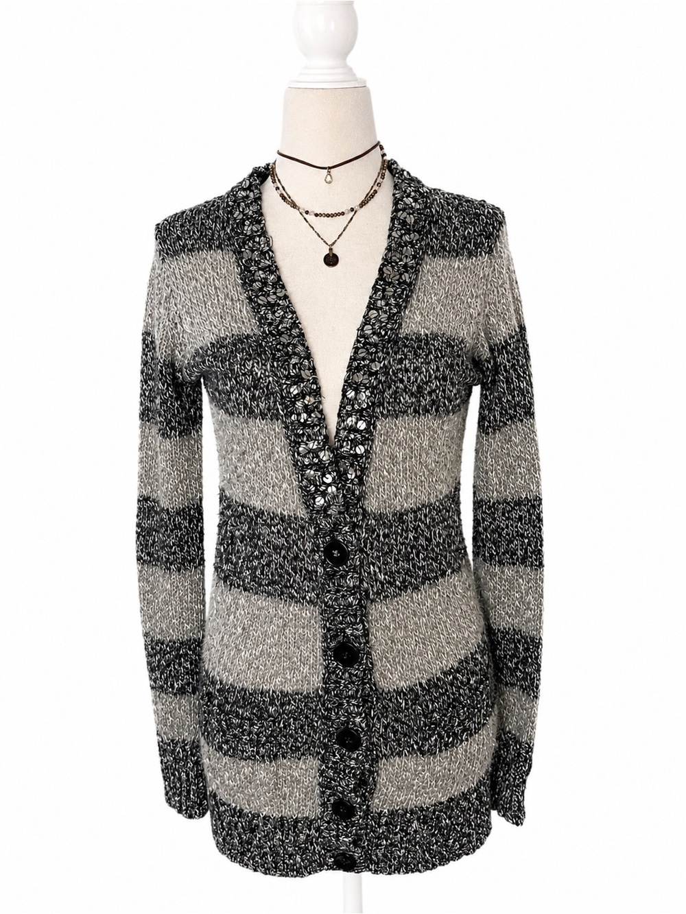 Mudd Long Striped Cardigan Sweater Size M Gray Black Button Front Y2K Knit